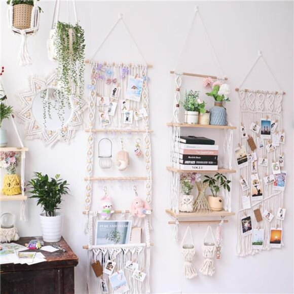 Macrame Wall Hanging Shelf 3 Tier Wood Boho Floating Shelf with Hooks Rack - Picture 5 of 7